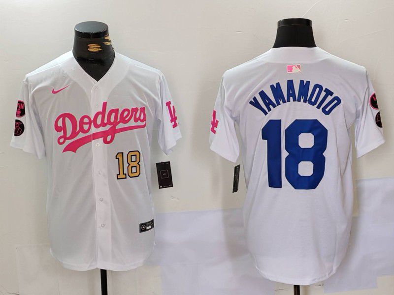 Men Los Angeles Dodgers 18 Yamamoto White pink joint name 2024 Nike MLB Jersey style 4